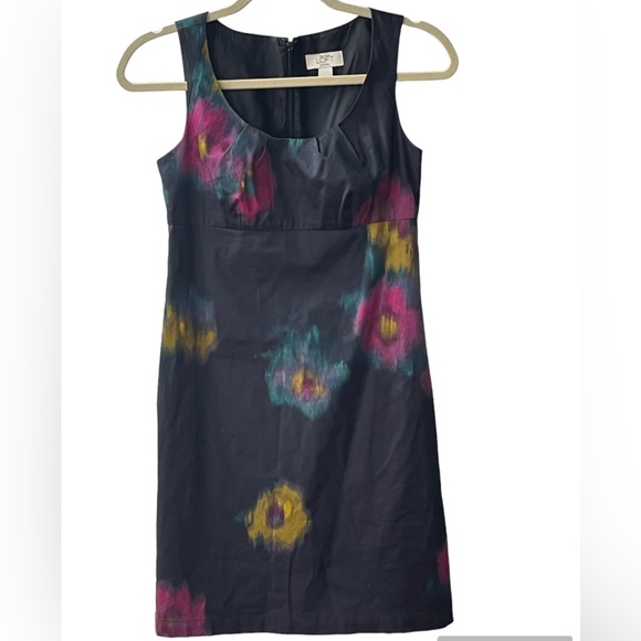 Loft Petites Size 0P Dress Sheath Sleeveless Blue Watercolor Dark Floral - Picture 1 of 9